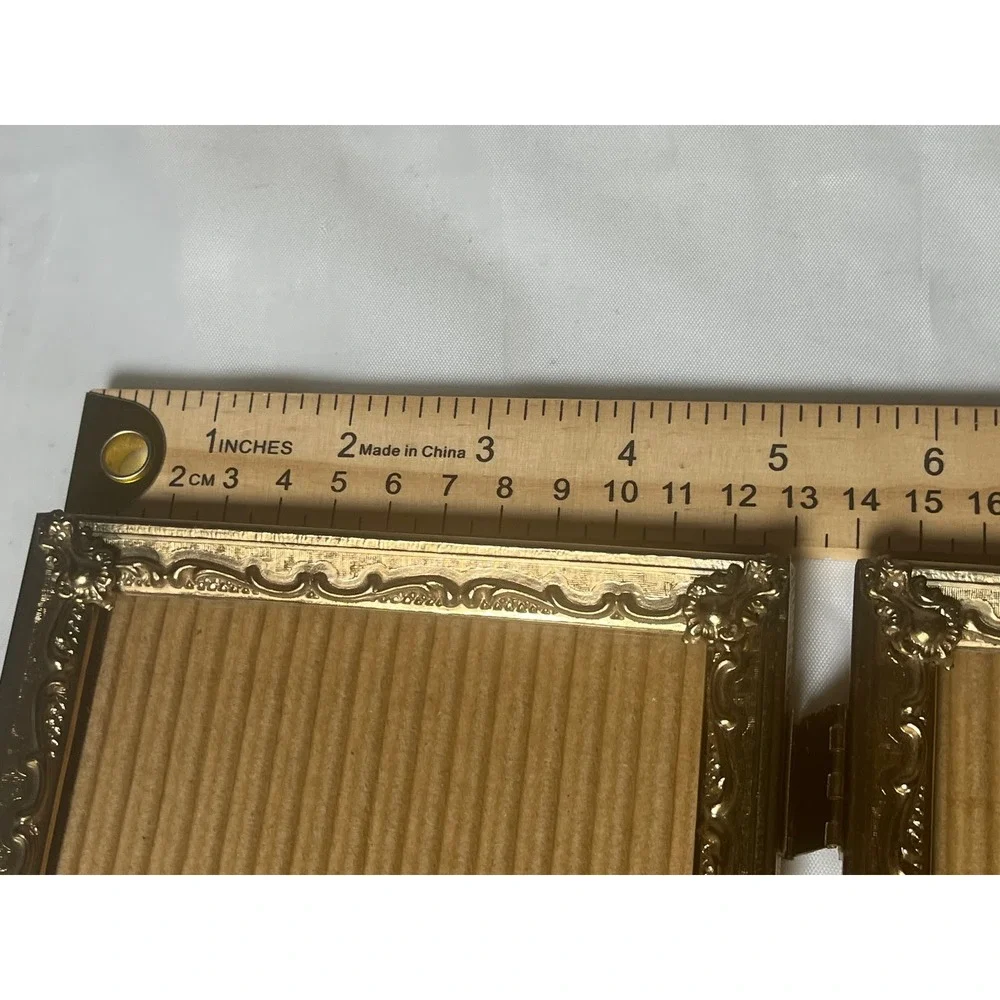 Vintage Gold Ornate Triple Folding Picture Frame Triptych Hinged Metal 5x7